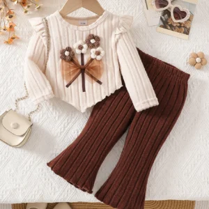 Flower bow top with brown bell bottom pants set