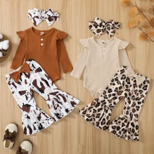 Infant Baby Girls Solid Color Ribbed Fly Sleeve Romper