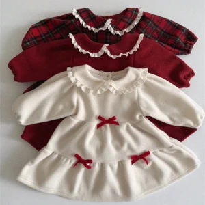 Girls Christmas Fleece Dress Plaid Dress Plus Velvet Dress