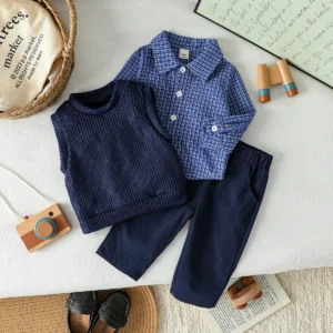 Boys Long Sleeve Tops +Solid Vest+Pants Three Pieces Set